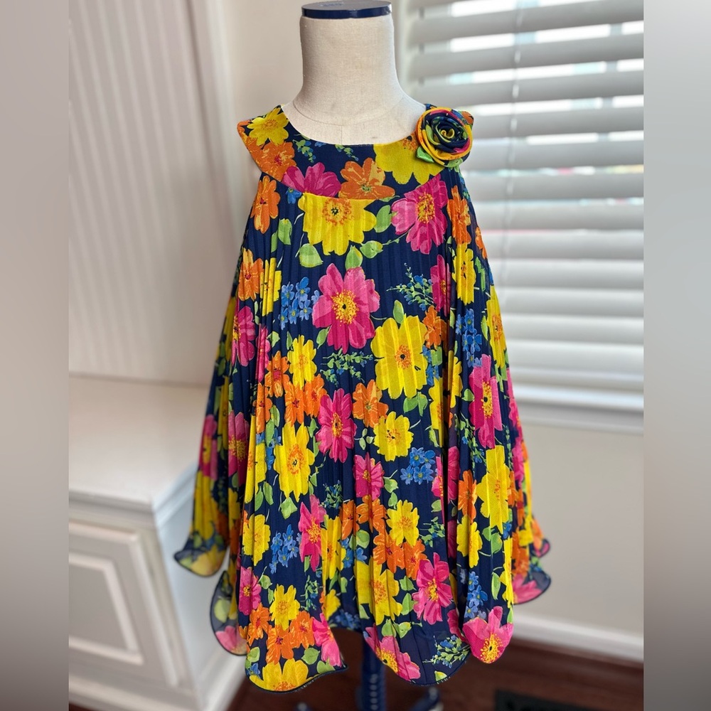 American Princess Navy Floral Pleated Swing Dress with Rosette